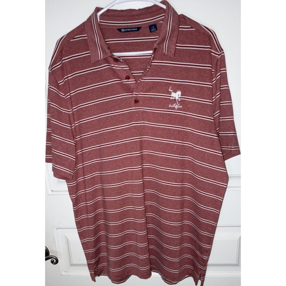 Cutter & Buck Red White L Men's Striped Polo Shirt Embroidered Logo Short Sleeve